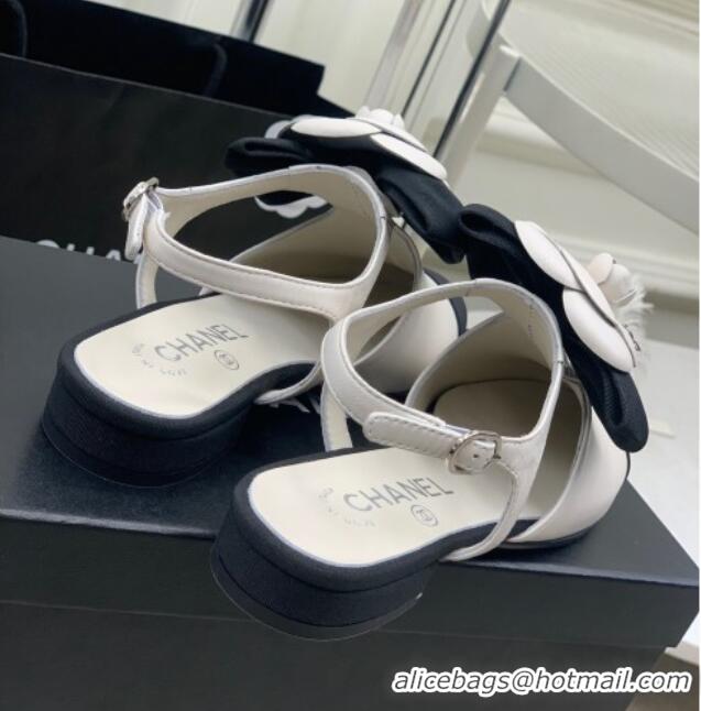 Best Grade Chanel Calfskin Flats Shoes with Camellia Bloom White 505078