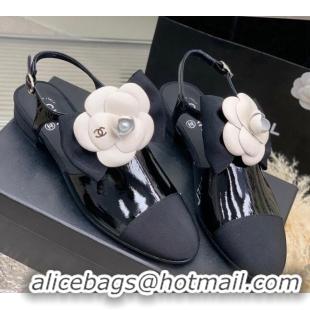 Luxury Chanel Wax Leather Flats Shoes with Camellia Bloom Black 505079