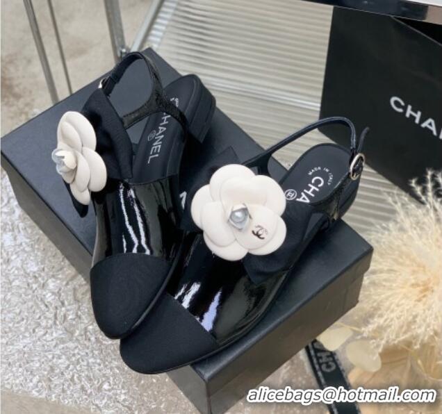 Luxury Chanel Wax Leather Flats Shoes with Camellia Bloom Black 505079