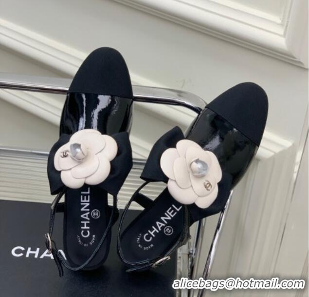 Luxury Chanel Wax Leather Flats Shoes with Camellia Bloom Black 505079