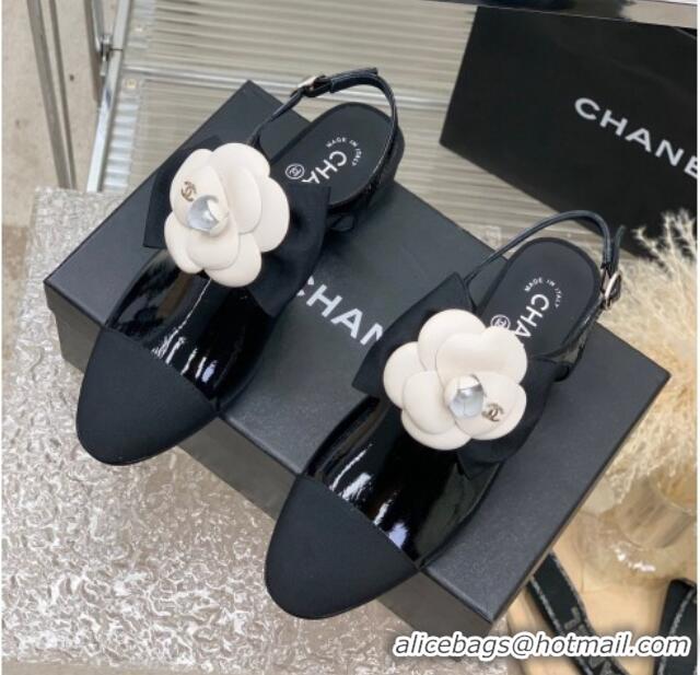 Luxury Chanel Wax Leather Flats Shoes with Camellia Bloom Black 505079