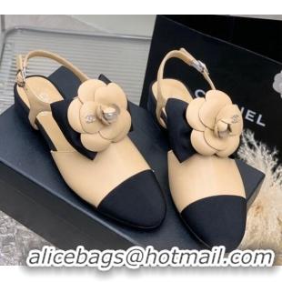 Stylish Chanel Calfskin Flats Shoes with Camellia Bloom Beige 505080