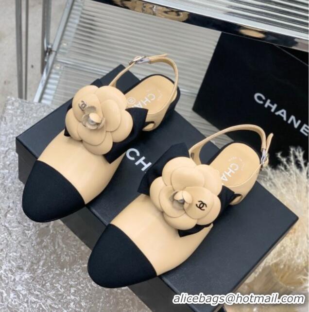 Stylish Chanel Calfskin Flats Shoes with Camellia Bloom Beige 505080