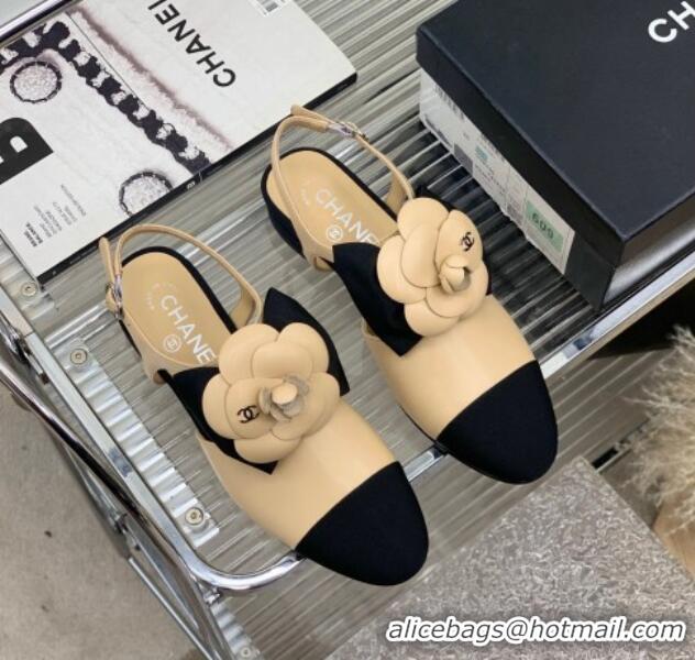 Stylish Chanel Calfskin Flats Shoes with Camellia Bloom Beige 505080