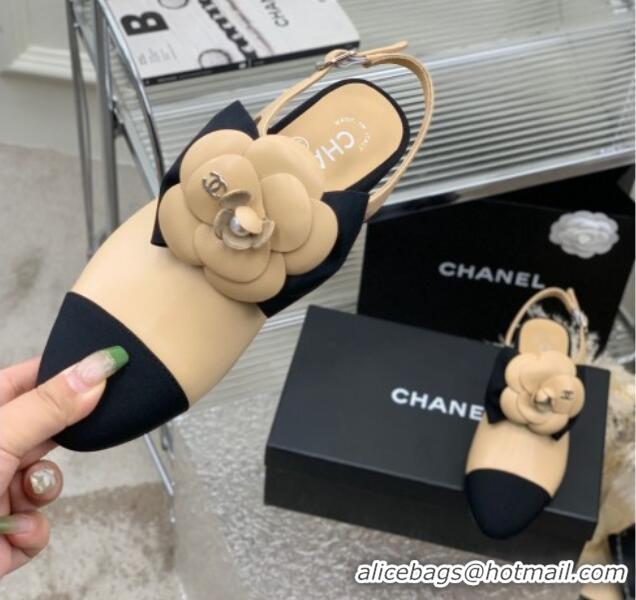 Stylish Chanel Calfskin Flats Shoes with Camellia Bloom Beige 505080