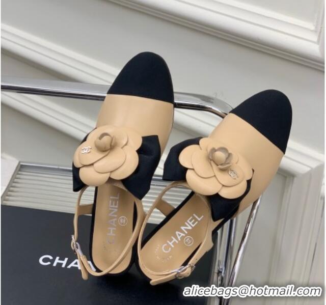 Stylish Chanel Calfskin Flats Shoes with Camellia Bloom Beige 505080