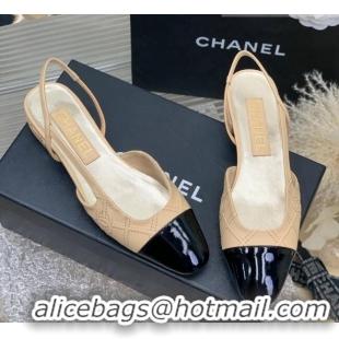 Good Quality Chanel CC Quilted Calfskin Slingbacks Flats Beige 505081