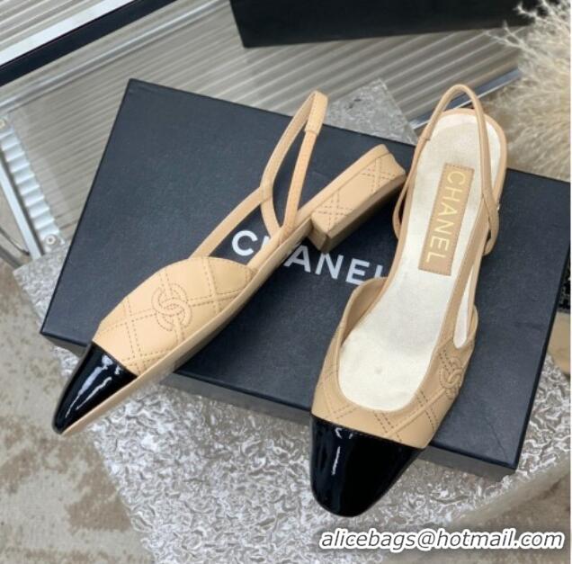 Good Quality Chanel CC Quilted Calfskin Slingbacks Flats Beige 505081