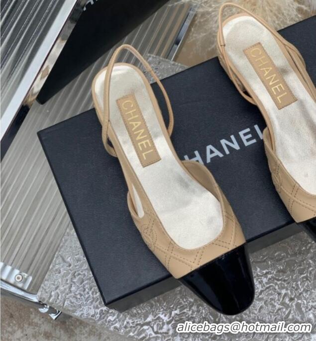 Good Quality Chanel CC Quilted Calfskin Slingbacks Flats Beige 505081