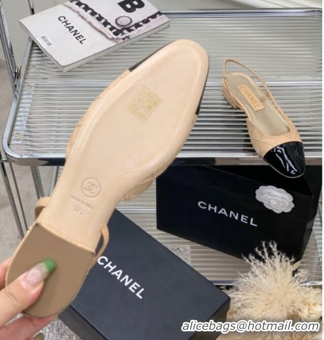 Good Quality Chanel CC Quilted Calfskin Slingbacks Flats Beige 505081