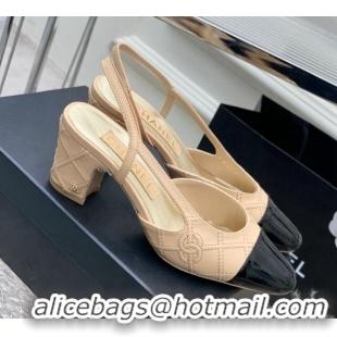 Classic Hot Chanel CC Quilted Calfskin Slingbacks Pumps 6.5cm Beige 505084