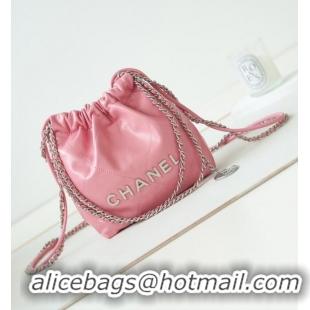 Top Quality CHANEL 22 MINI HANDBAG Shiny Calfskin & silver-Tone Metal AS3980 PINK