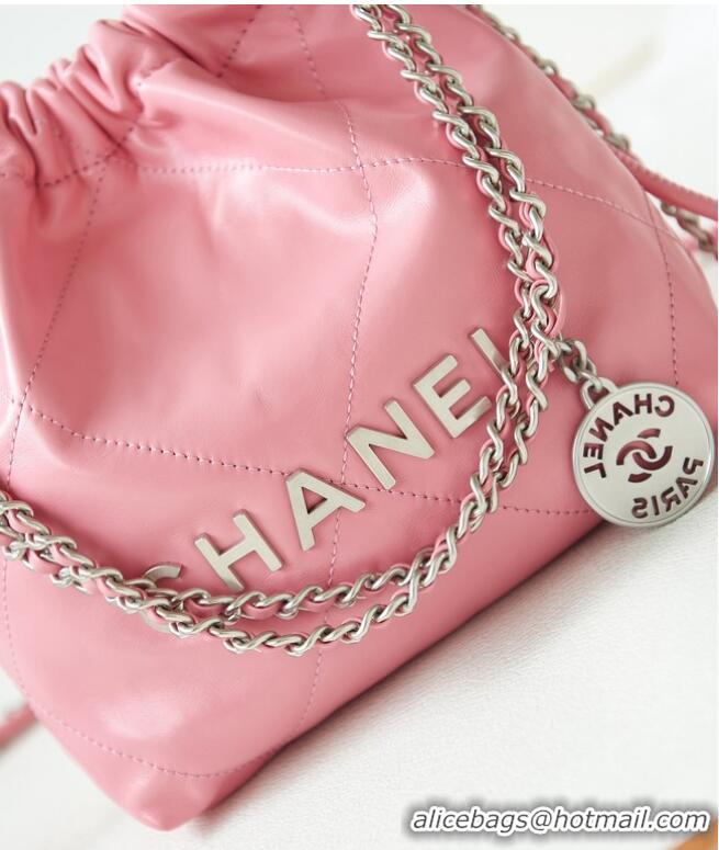 Top Quality CHANEL 22 MINI HANDBAG Shiny Calfskin & silver-Tone Metal AS3980 PINK