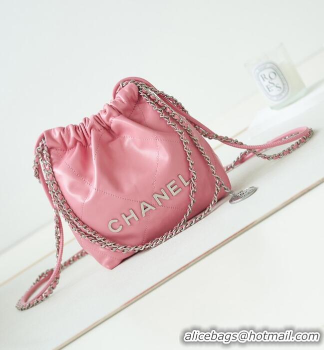 Top Quality CHANEL 22 MINI HANDBAG Shiny Calfskin & silver-Tone Metal AS3980 PINK