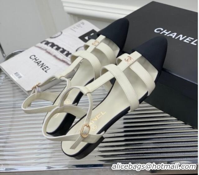 Top Grade Chanel Calfskin Pointed Flat Sandals White 505091