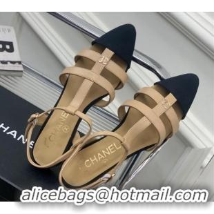 Good Looking Chanel Calfskin Pointed Flat Sandals Beige 505093