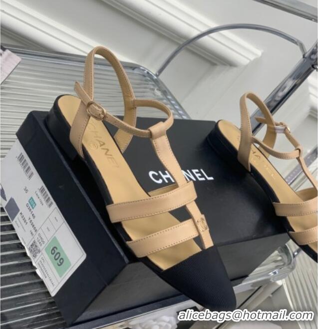 Good Looking Chanel Calfskin Pointed Flat Sandals Beige 505093