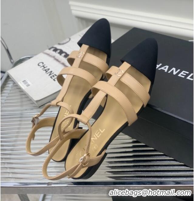 Good Looking Chanel Calfskin Pointed Flat Sandals Beige 505093