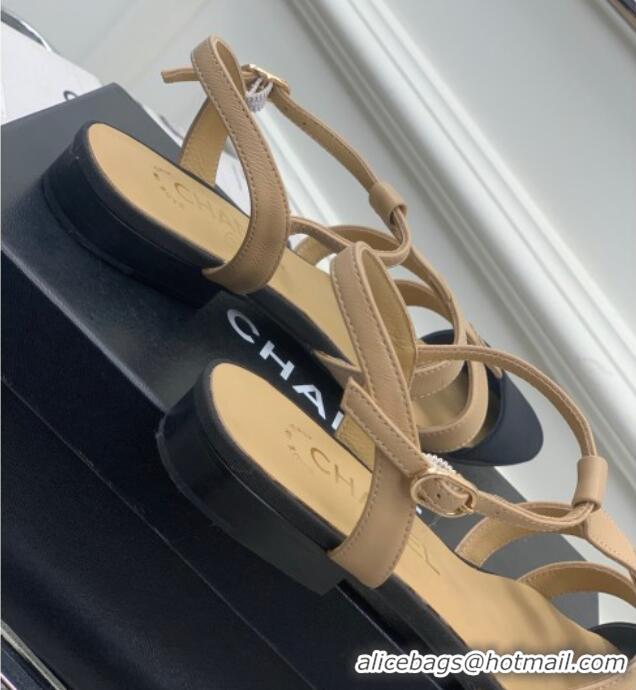 Good Looking Chanel Calfskin Pointed Flat Sandals Beige 505093