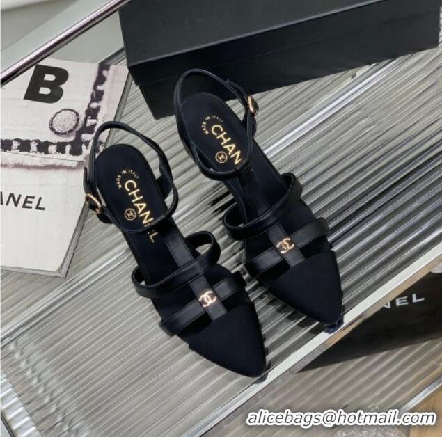 Unique Style Chanel Calfskin Pointed Heel Sandals 7.5cm Black 505095