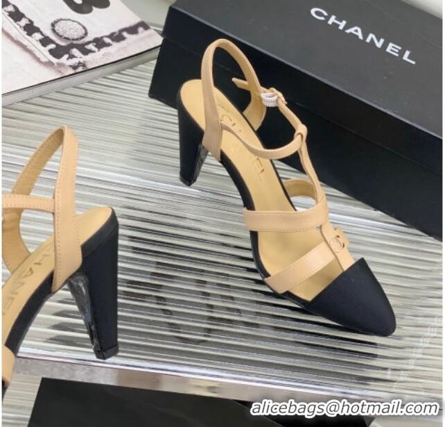 Hot Style Chanel Calfskin Pointed Heel Sandals 7.5cm Beige 505096