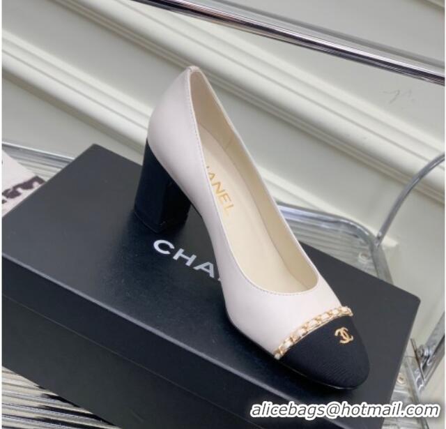 Shop Duplicate Chanel Calfskin Pumps 6.5cm with Chain White 505097