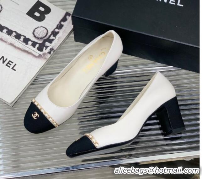 Shop Duplicate Chanel Calfskin Pumps 6.5cm with Chain White 505097