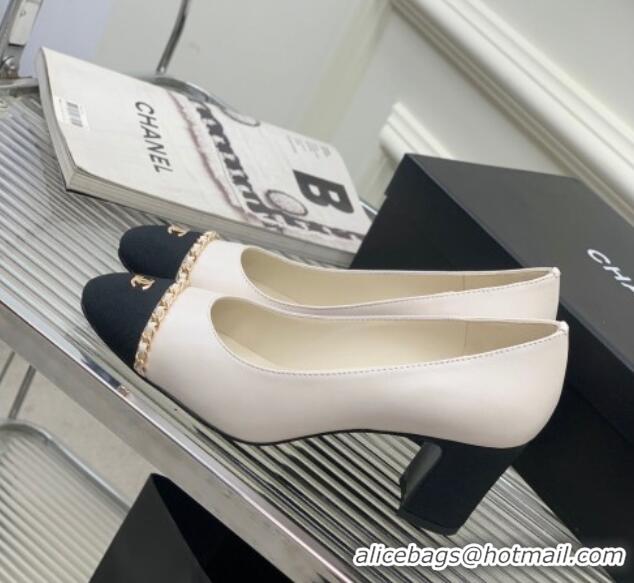 Shop Duplicate Chanel Calfskin Pumps 6.5cm with Chain White 505097