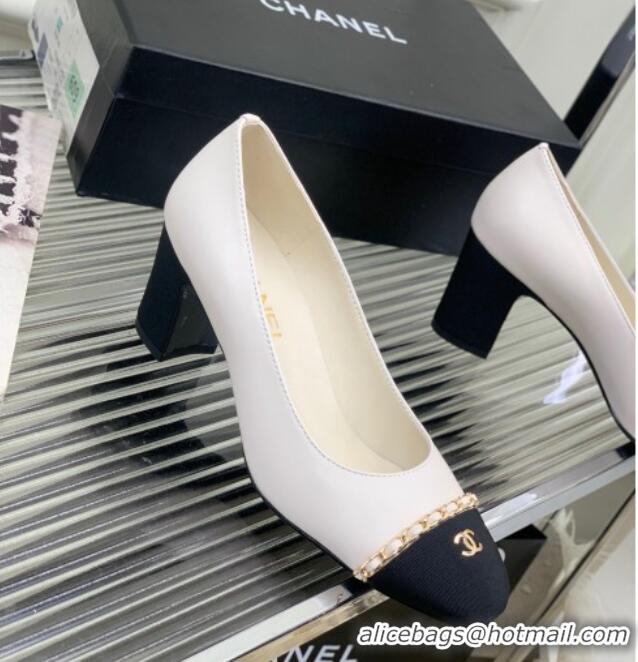 Shop Duplicate Chanel Calfskin Pumps 6.5cm with Chain White 505097