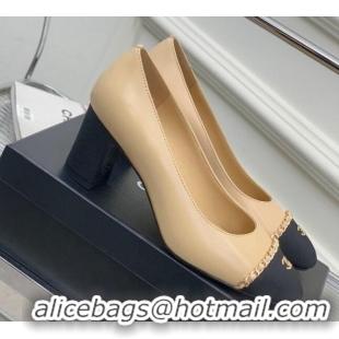 Classic Hot Chanel Calfskin Pumps 6.5cm with Chain Beige 505098