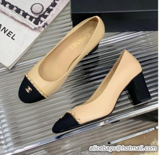 Classic Hot Chanel Calfskin Pumps 6.5cm with Chain Beige 505098