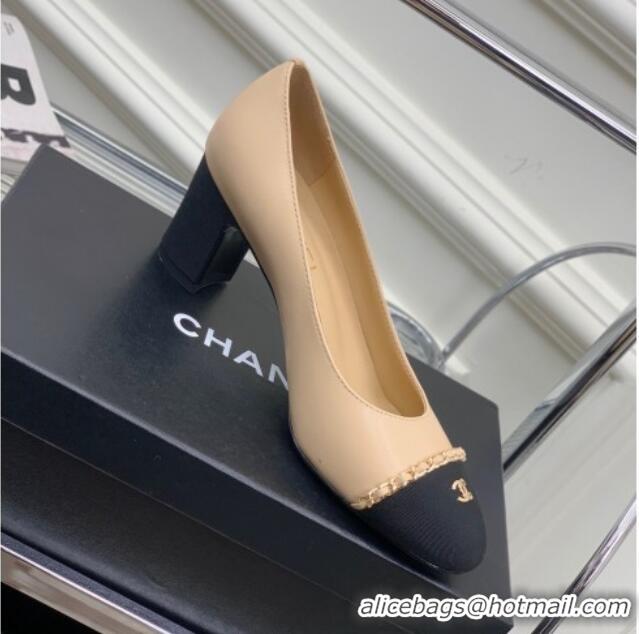 Classic Hot Chanel Calfskin Pumps 6.5cm with Chain Beige 505098