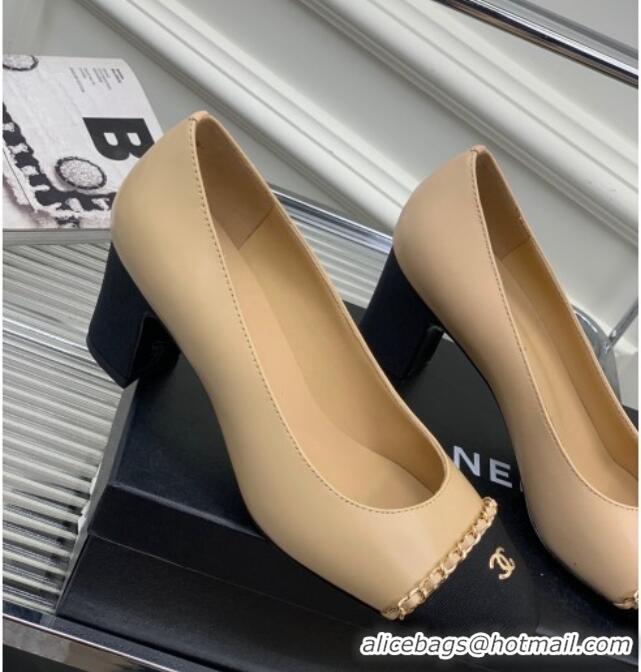 Classic Hot Chanel Calfskin Pumps 6.5cm with Chain Beige 505098