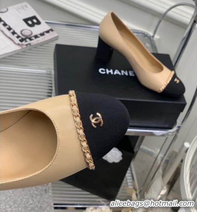 Classic Hot Chanel Calfskin Pumps 6.5cm with Chain Beige 505098