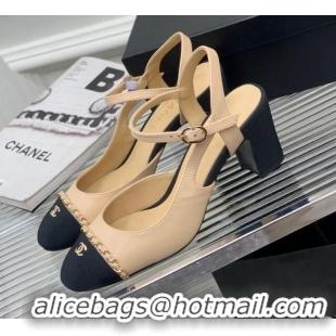 Top Design Chanel Calfskin Heel Sandals 6.5cm with Chain Beige 505100