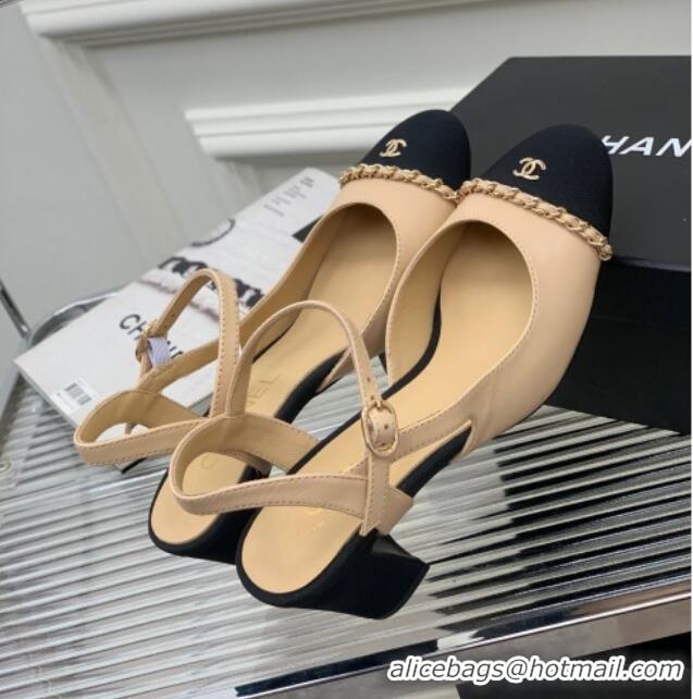 Top Design Chanel Calfskin Heel Sandals 6.5cm with Chain Beige 505100