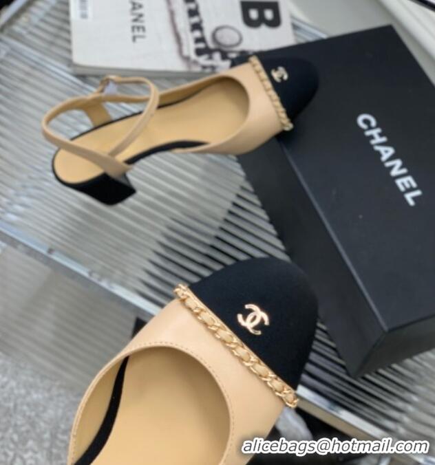 Top Design Chanel Calfskin Heel Sandals 6.5cm with Chain Beige 505100