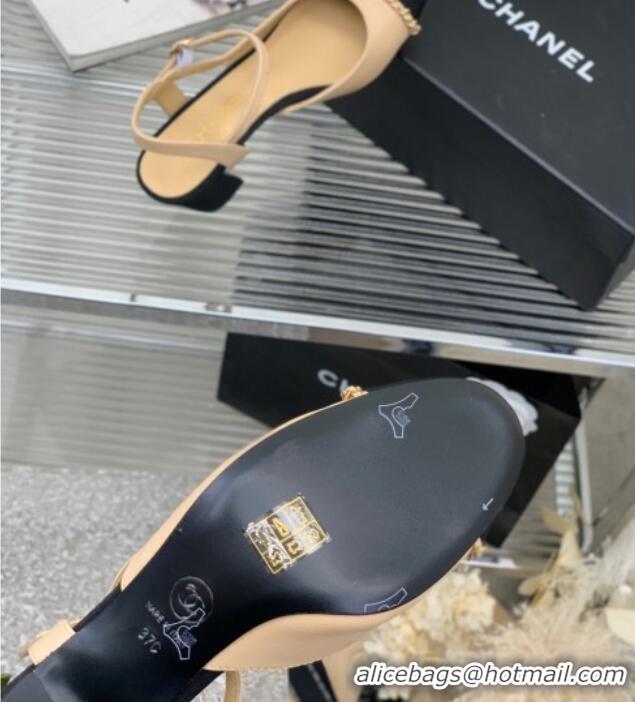 Top Design Chanel Calfskin Heel Sandals 6.5cm with Chain Beige 505100