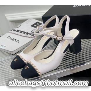 Good Quality Chanel Calfskin Heel Sandals 6.5cm with Chain White 505101