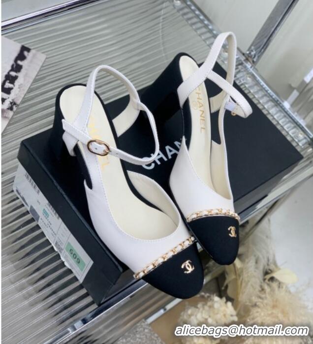 Good Quality Chanel Calfskin Heel Sandals 6.5cm with Chain White 505101