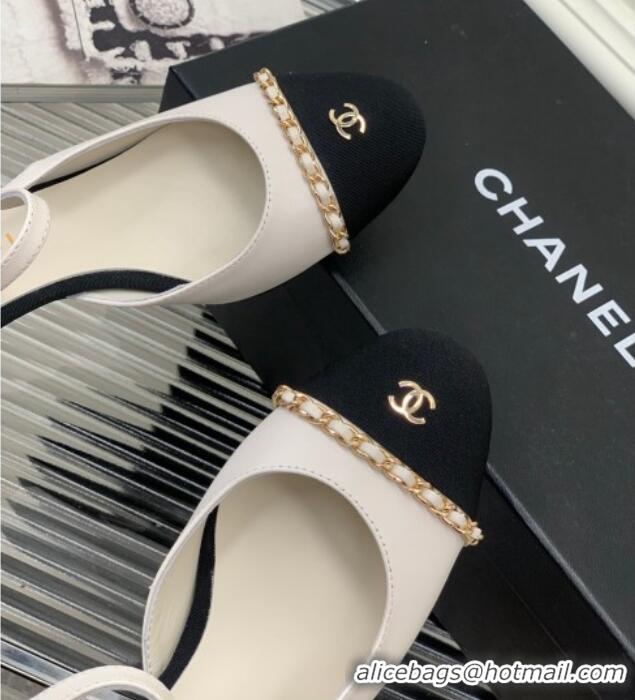 Good Quality Chanel Calfskin Heel Sandals 6.5cm with Chain White 505101