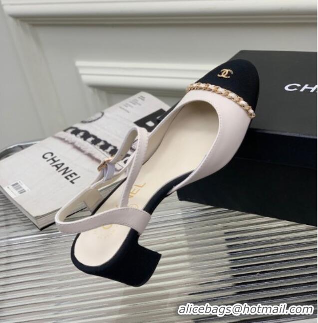 Good Quality Chanel Calfskin Heel Sandals 6.5cm with Chain White 505101