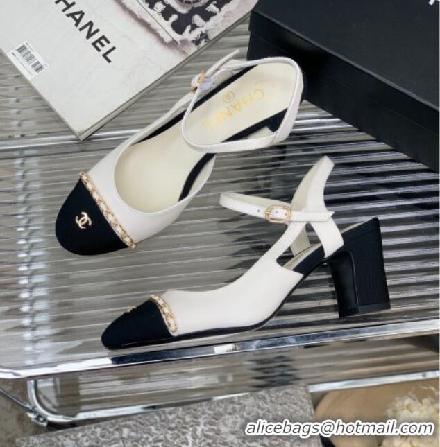 Good Quality Chanel Calfskin Heel Sandals 6.5cm with Chain White 505101