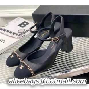 Grade Quality Chanel Calfskin Heel Sandals 6.5cm with Chain Black 505102