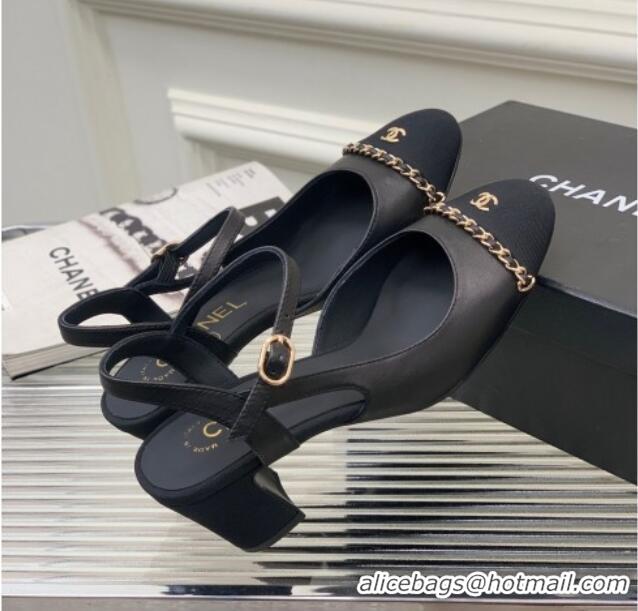 Grade Quality Chanel Calfskin Heel Sandals 6.5cm with Chain Black 505102