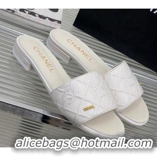 Top Grade Chanel CC Quilted Calfskin Flat Slide Sandals White 505103