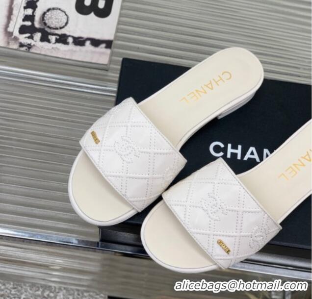 Top Grade Chanel CC Quilted Calfskin Flat Slide Sandals White 505103