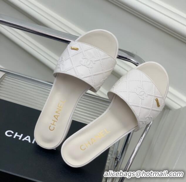 Top Grade Chanel CC Quilted Calfskin Flat Slide Sandals White 505103