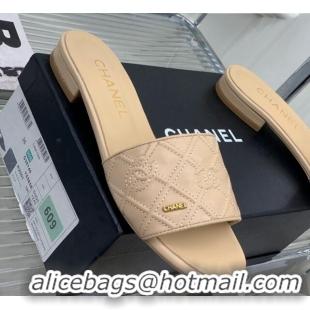 Discount Chanel CC Quilted Calfskin Flat Slide Sandals Beige 505104