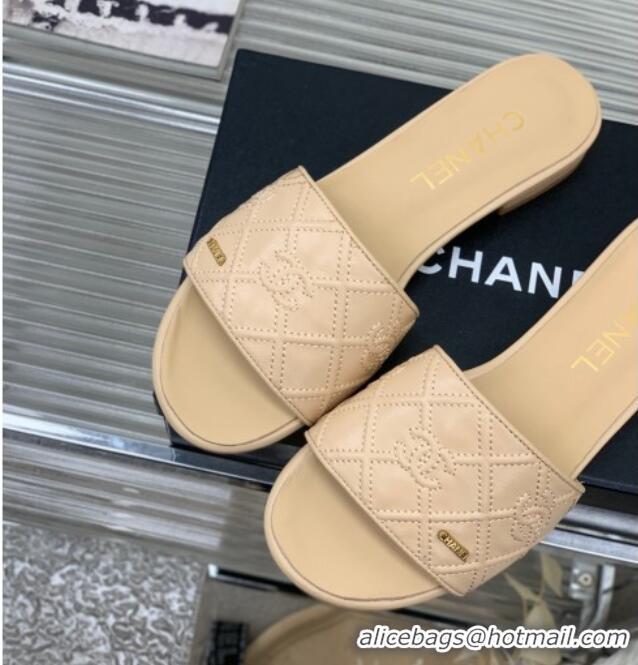 Discount Chanel CC Quilted Calfskin Flat Slide Sandals Beige 505104